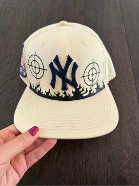 Collection B Beige Baseball Cap with Navy Embroidery and Black Flame Trim